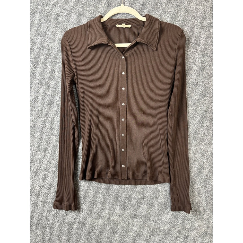 Madewell Womens Shirt Sz S Ribbed Snap Front Polo Brown Long Sleeve